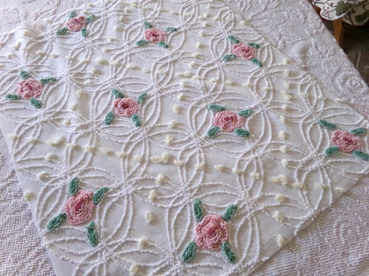 Shabby Cottage Rose Chenille Fabric, Vintage Thin Lightweight Cotton Sewing Material in Pink Florals on White, 21" x 26" inch Piece
