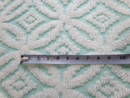vintage aqua chenille fabric, white petals geometric design, 20" x 24" piece of sewing material
