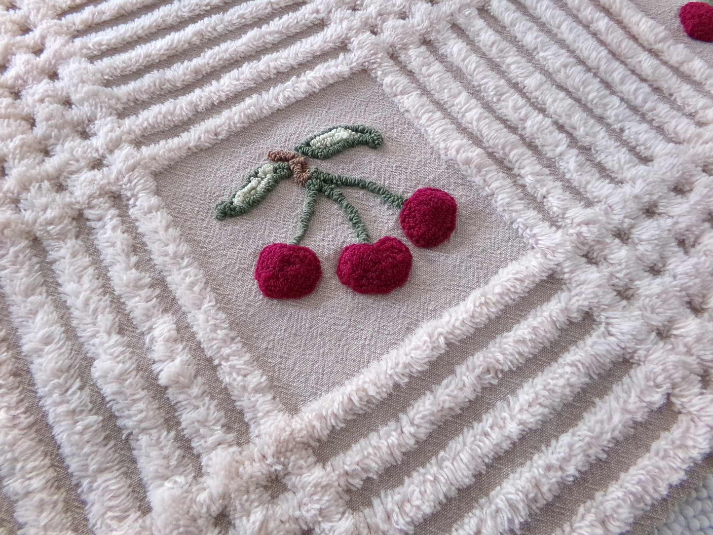 Adorable Cherries Vintage Chenille Fabric, 18" x 24" inch piece of sewing material with 6 cherry bunches for quilts, pillows, wall hanging