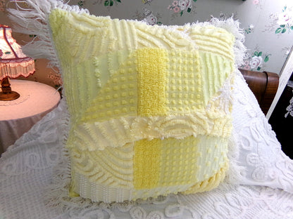 Vintage Chenille Patchwork Pillow | Reversible Mixed Yellow & White Prints, Fringe Accent | Boho Farmhouse Style, 17" x 18" w/ Insert