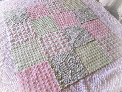 vintage pink & green chenille fabric squares, "breath of spring", rotary cut from vintage chenille bedspreads, set of 16 Blocks 6" x 6" inch