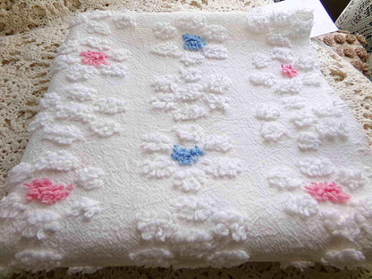 Cute Vintage Style Chenille Fabric, Y2K Daisy Pattern in White, Pink & Blue, 18" x 24" inch Piece, 100% Lightweight Cotton