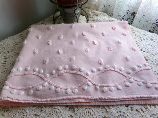 petal pink feminine chenille fabric, vintage sewing material with wideset pops & infinity link accents, lightweight 20" x 27" inch piece