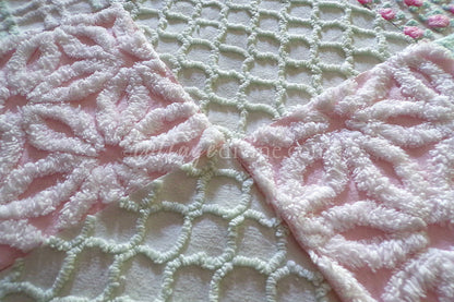 Picnic Time Chenille Quilt Squares Set from Vintage Bedspread Fabric, 16 Blocks, 6" x 6" inches each, Pretty Green, White, Pink Rosebud