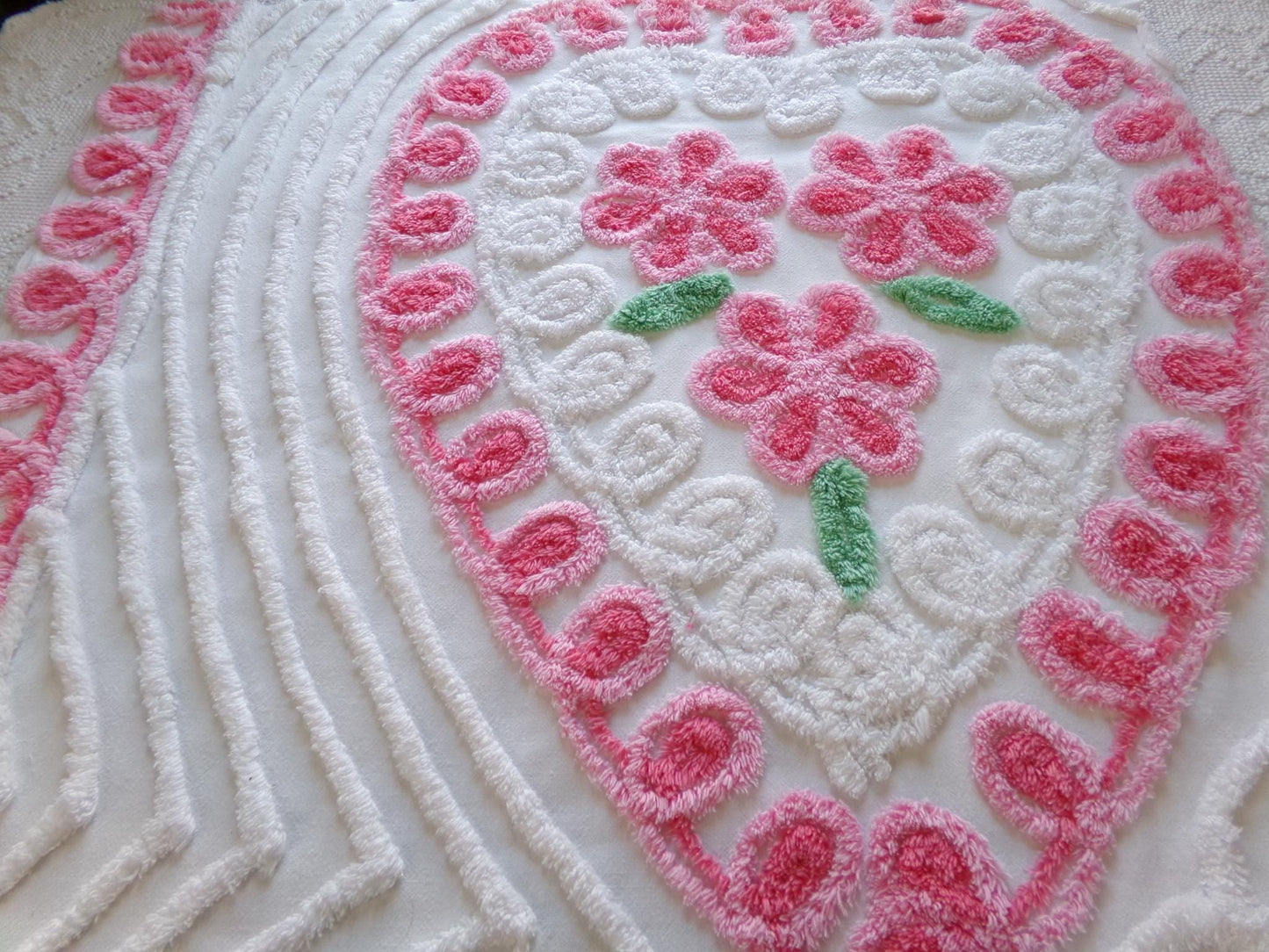 pink heart vintage chenille fabric, shabby cute rose trio on white, 24" x 23" piece of sewing material for pillows, quilts, wall hanging