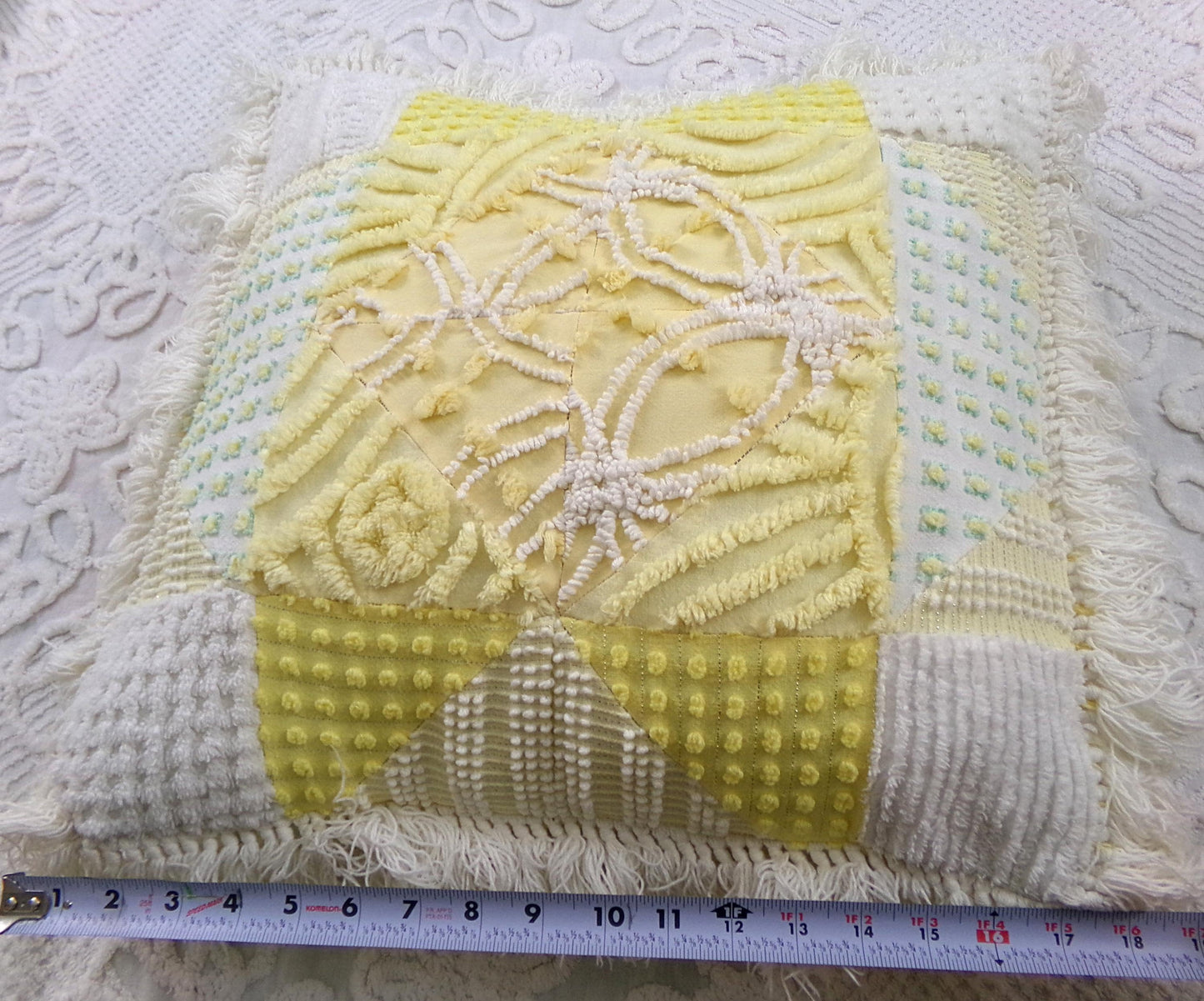 Vintage Chenille Patchwork Pillow | Reversible Mixed Yellow & White Prints, Fringe Accent | Boho Farmhouse Style, 17" x 18" w/ Insert