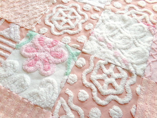 dainty vintage 6" chenille fabric squares, set of 16 vintage quilt blocks in peach, pink & white colors for sewing, crafts, fiber arts