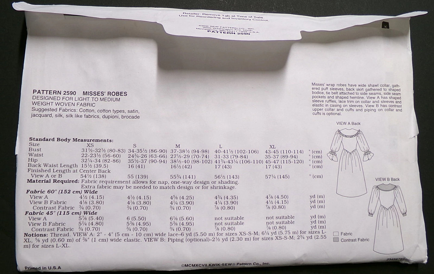 Vtg Kwik Sew 2590 Robe Sewing Pattern Romantic Womens Bathrobe Misses XS-XL OOP