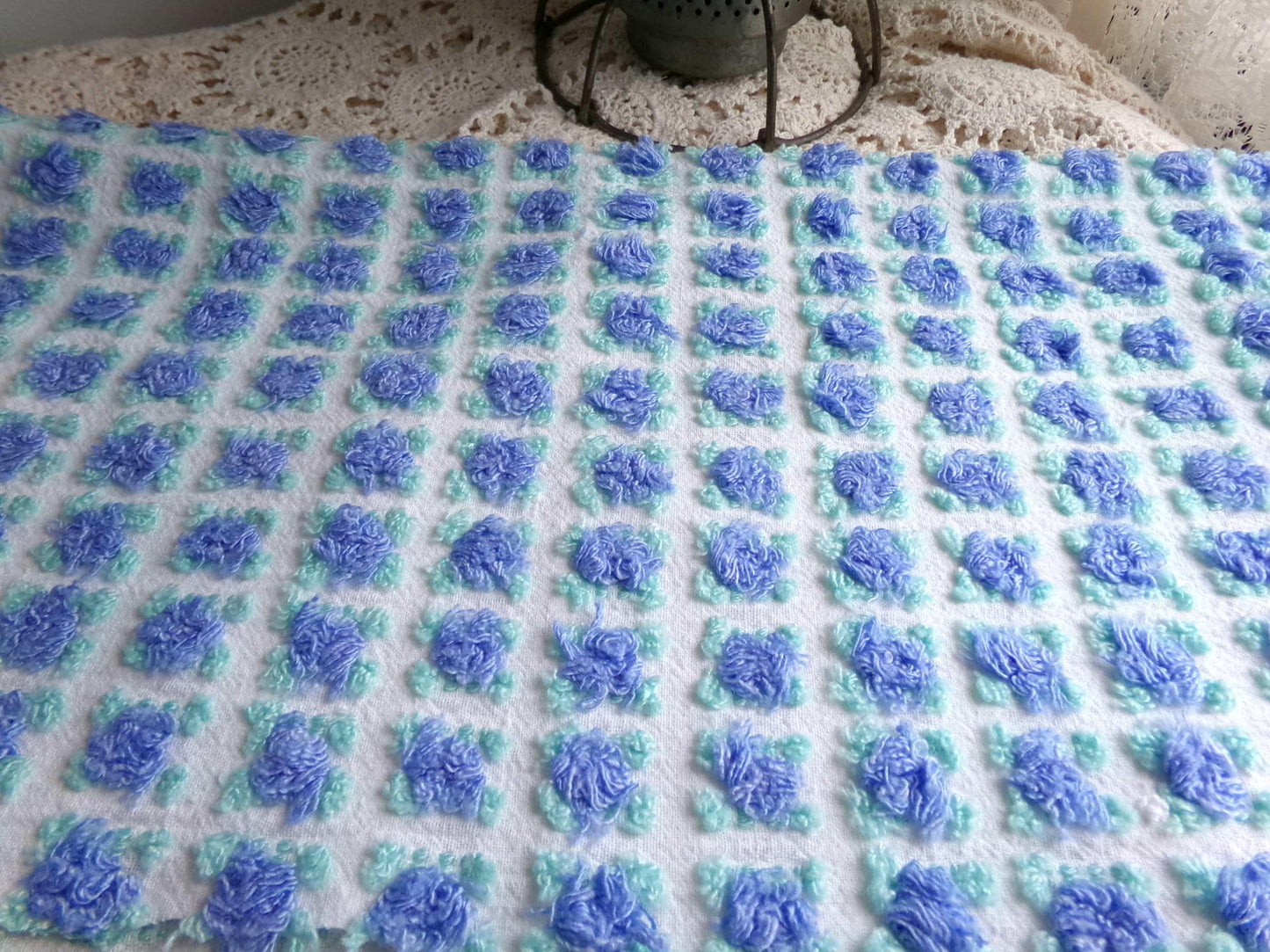 periwinkle blue rosebud chenille fabric, 20" x 24" inch piece cut from NOS vintage chenille bedspread, lovely blue roses quilt material