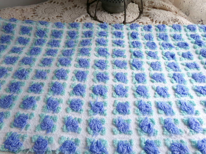 periwinkle blue rosebud chenille fabric, 20" x 24" inch piece cut from NOS vintage chenille bedspread, lovely blue roses quilt material