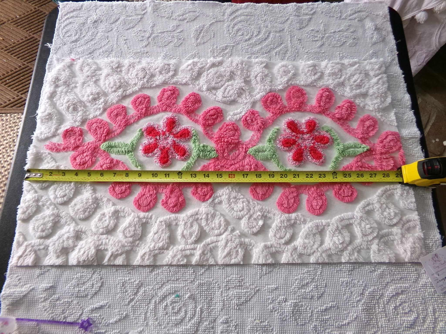 Hourglass Curlicue Vintage Chenille Fabric Piece, Sparkle Rose Flowers, 16" x 28" inches