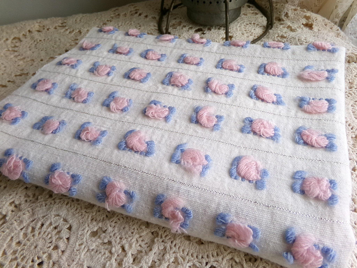 pink rosebud vintage chenille fabric, 20" x 24" inch cut piece of quilt material with tufted roses, blue leaves & shimmer silver lurex