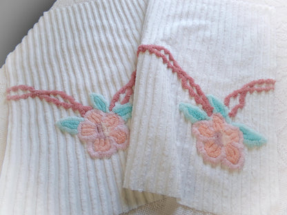 rose garland vintage chenille fabric, floral 20" x 29" piece of white cotton sewing material for crafts, pillows