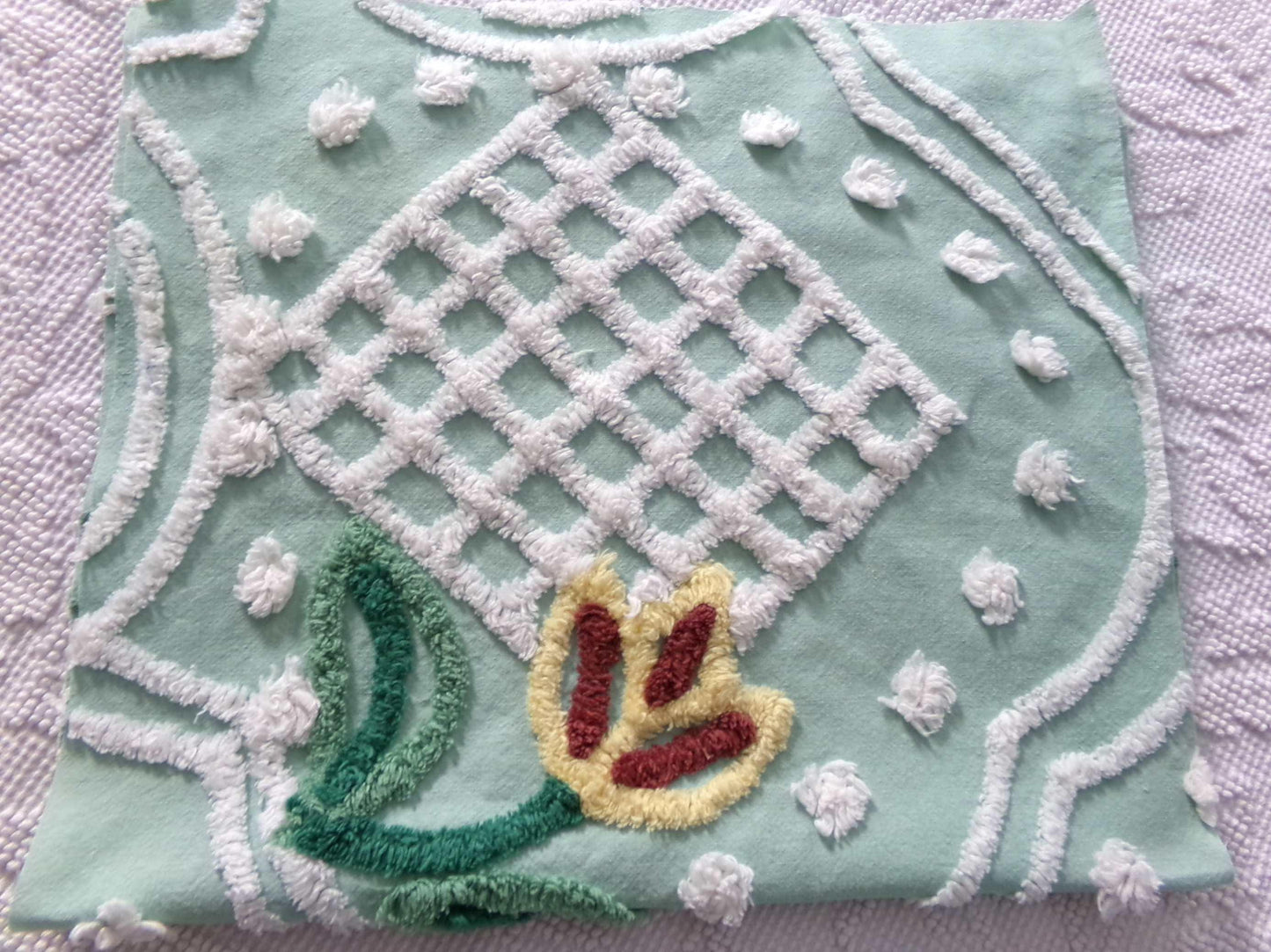 cutest springtime tulip vintage fabric, 13" x 23" inch piece cut from a chenille bedspread, mint green floral sewing material