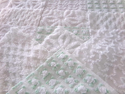 winter rose chenille fabric squares, white rosebud, daisy & geometric mix, vintage craft square set of 16 quilt blocks, 6" x 6" inch