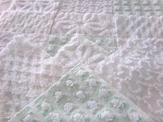 winter rose chenille fabric squares, white rosebud, daisy & geometric mix, vintage craft square set of 16 quilt blocks, 6" x 6" inch