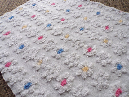 Adorable Rainbow Daisy Vintage Style Chenille Fabric, White Floral 20" x 22" inch Piece, So Cute in Quilts & Sewing Projects