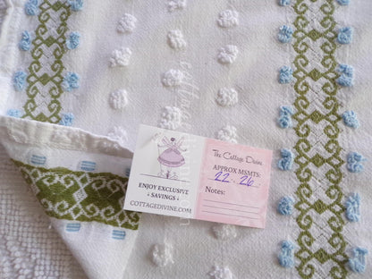abstract blue rosebud vintage chenille fabric piece in climbing green ivy design with white pops, 26" x 22" piece of craft & quilt material
