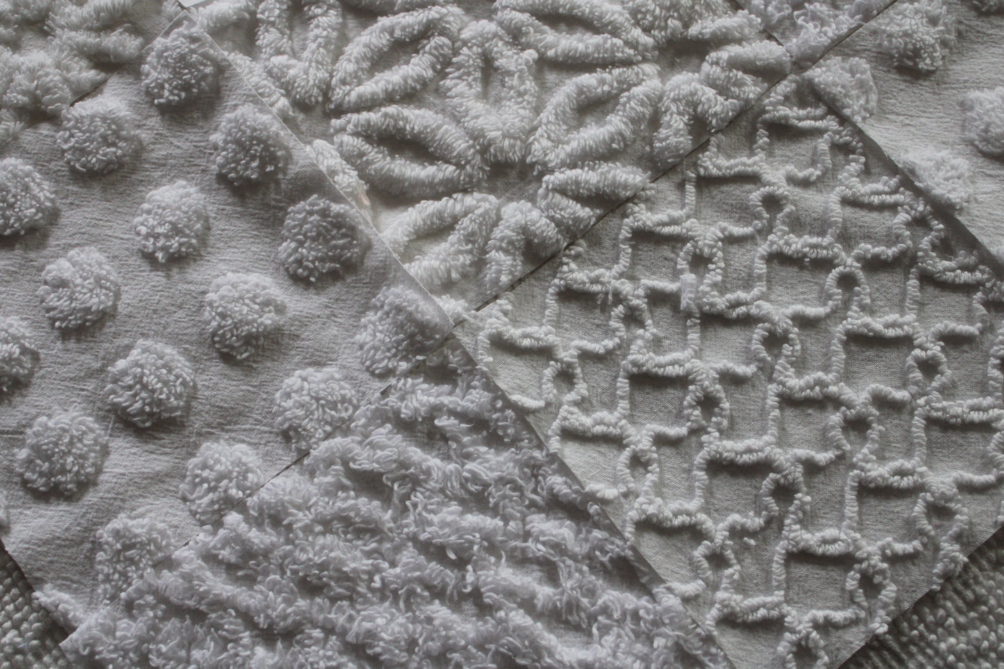 Fresh Snowfall Graceful White Chenille Quilt Squares Set, from Vintage Bedspread Fabric, 16 Blocks, 6" inch