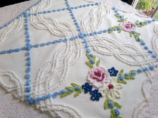 Classic Shabby Chic Style Vintage Chenille Fabric, 22" x 24" Piece of Cottagecore Cotton Sewing Material Upcycle into Quilts & Crafts
