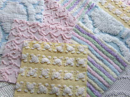fairyland chenille fabric squares, 16 vintage 6" quilt blocks in pastel rainbow, pink & yellow rosebud, for sewing, crafts, fiber arts