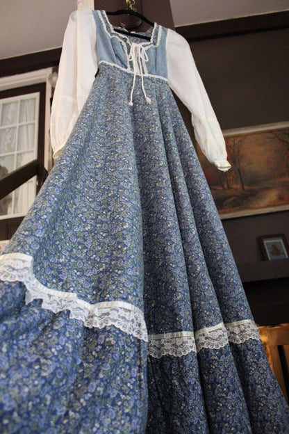 Vintage Gunne Sax Prairie Dress, Morning Glory Velvet Corset, Maxi Gown, SUPER SMALL