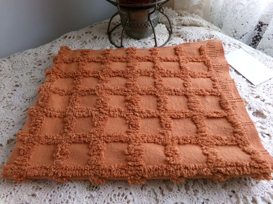 nutmeg pumpkin spice chenille fabric, 20" x 24" boho vintage style sewing material for quilts, crafts in simple windowpane tufted design