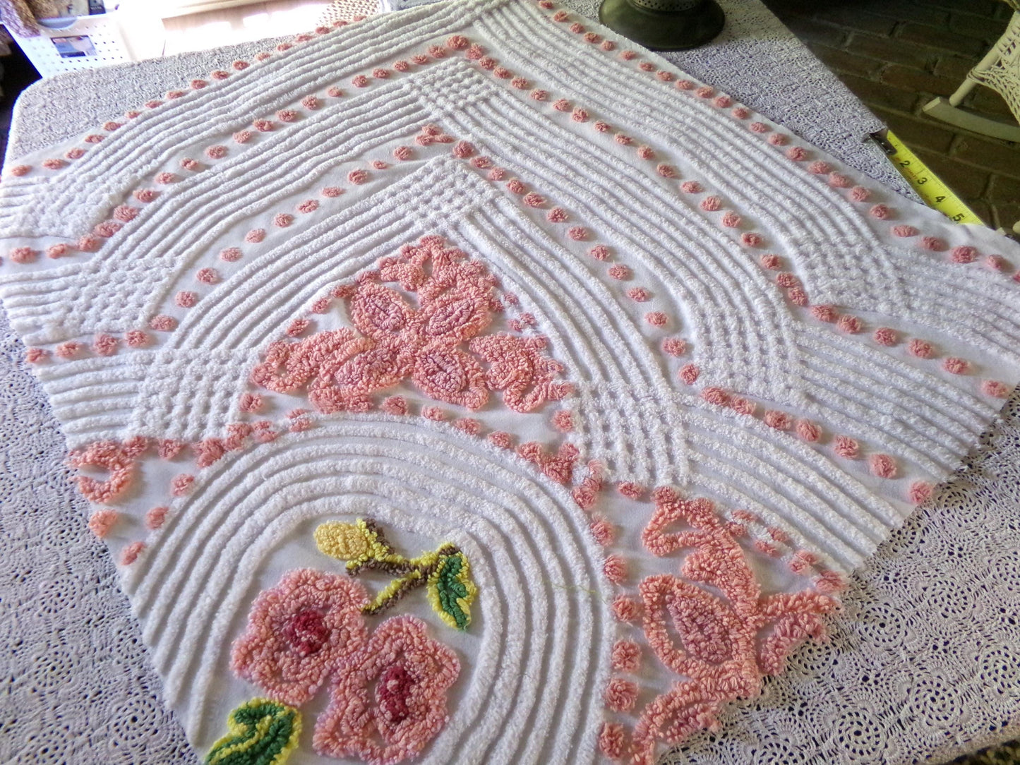 Shabby Rose Swirl Vintage Chenille Fabric, 26" x 29" inch Piece, Upcycle into Pillows, Quilts & Crafts