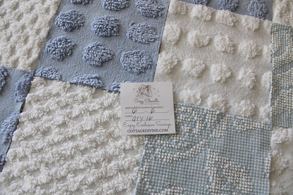 Chenille Fabric Squares, Beachy Blue & White Craft Square Set from Vintage Bedspread Fabric, 16 Blocks, 6" x 6" inch