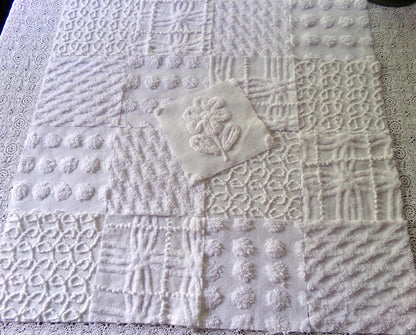 Snowy Whites Chenille Quilt Squares Set from Vintage Bedspread Fabric, 17 Blocks 6" x 6" inch, Pops, Squiggles, Lattice & a Daisy