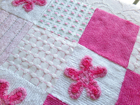 fun pink vintage chenille fabric squares, set of 16 quilt blocks 6" each geometric & flowers for crafts, sewing