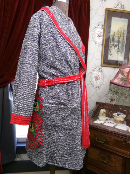 Vintage Chenille Peacock Robe, Short Length Bathrobe or Coverup, Salt 'n Pepper Black & White w/ Red Accents, Handmade