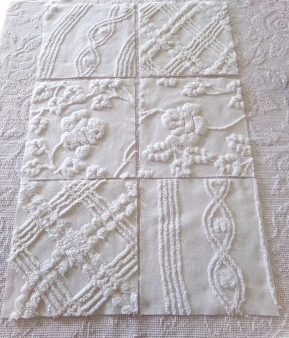 vintage rose 9.5" chenille fabric squares, set of 6 white quilt blocks, elegant ivy & geometric prints for sewing, crafts