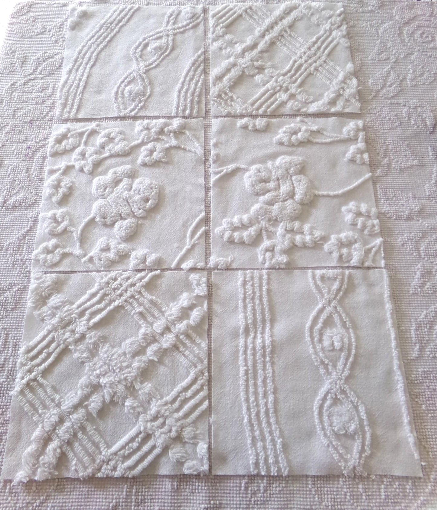 vintage ivy rose chenille fabric squares, 9.5" each, set of 6 white quilt blocks, elegant floral & geometric prints for sewing, crafts