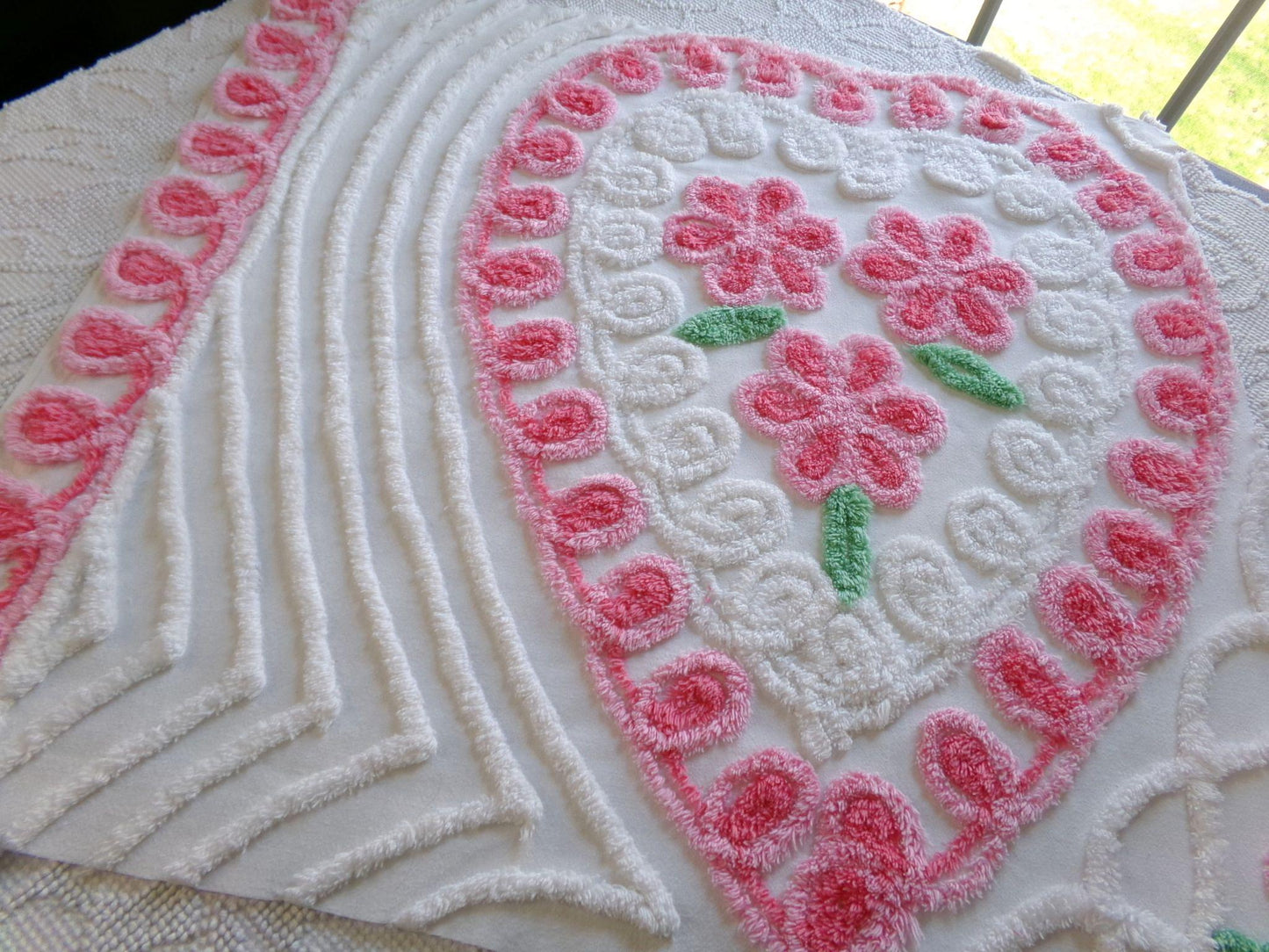 pink heart vintage chenille fabric, shabby cute rose trio on white, 24" x 23" piece of sewing material for pillows, quilts, wall hanging