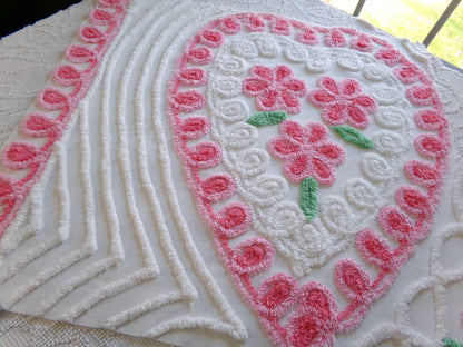 pink heart vintage chenille fabric, shabby cute rose trio on white, 24" x 23" piece of sewing material for pillows, quilts, wall hanging