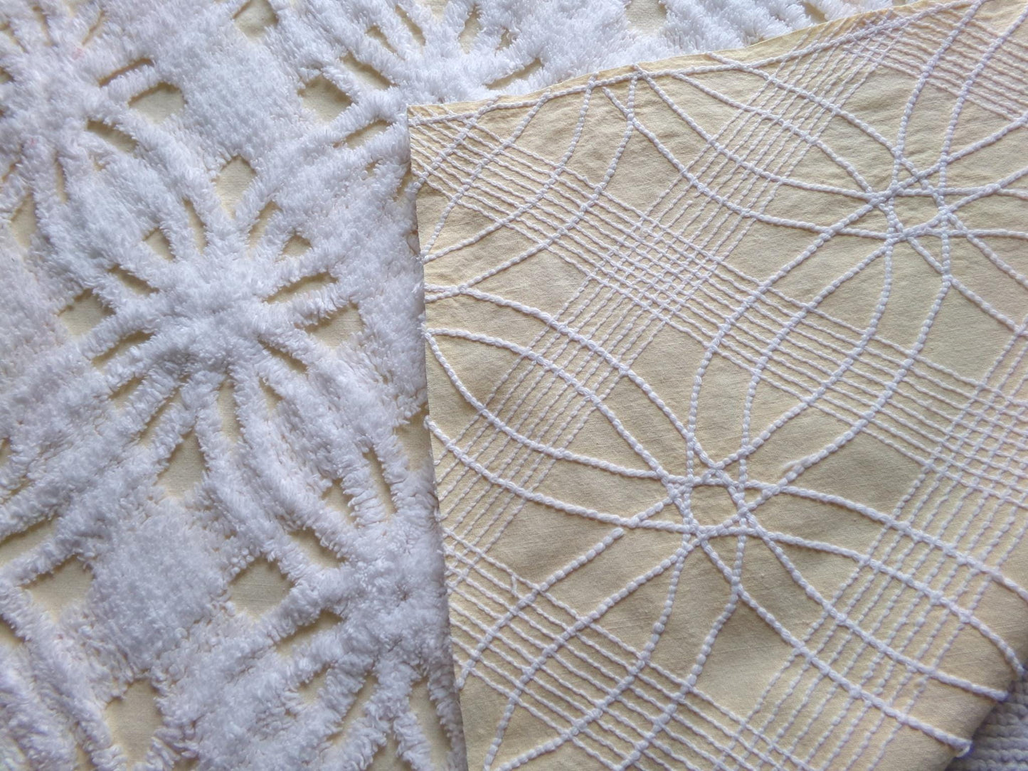 fluffy white & buttercup yellow vintage chenille fabric, sweetest sewing material, 18" x 25" inch piece for pillows, quilts, fiber arts