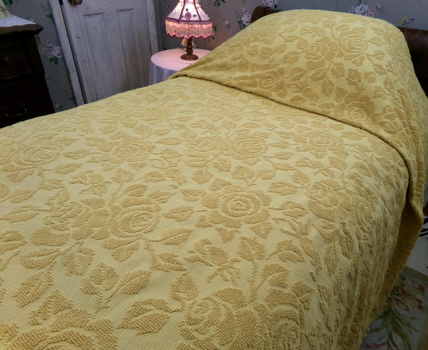Vintage Chenille Bedspread in Sunflower Honey Golden Blonde | Hobnail Cabbage Rose Woven Texture | On Trend Boho Style Heavyweight Spread