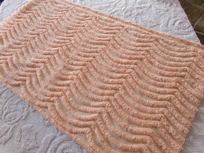 swirling peach waves vintage tufted fabric, 17.5" x 32" inch piece, plush chenille texture, sewing material for quilts, pillows