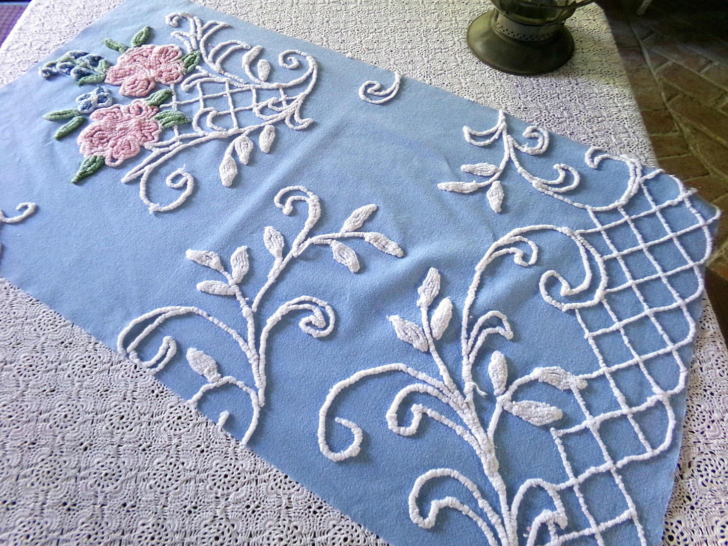 Most Beautiful Old Rose Vintage Chenille Fabric, 17.5" x 32" inch Piece, White Trellis & Scrollwork on Sky Blue Cotton, for Quilts, Pillows