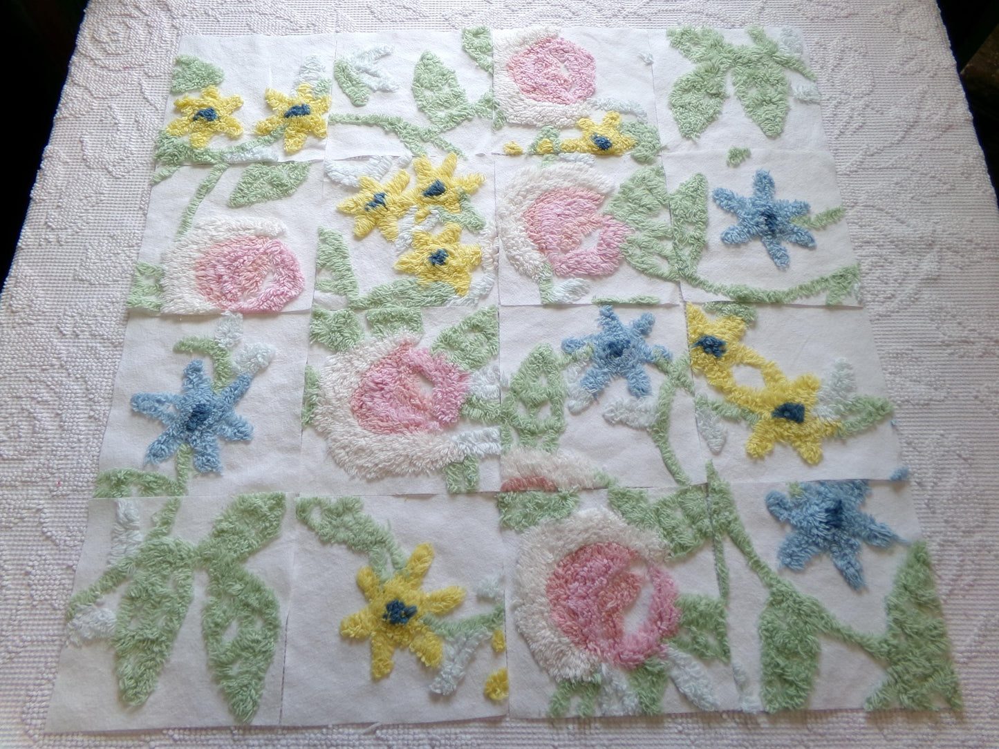 vintage chenille fabric squares, "bursting with flowers" set of 16 floral 6" quilt blocks for quilting, crafts, sewing