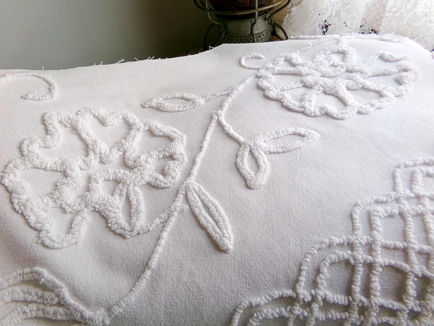 Farmhouse Style White Floral Chenille Fabric, Vintage 16" x 28" inch Piece, Great for Pillows & Quilting