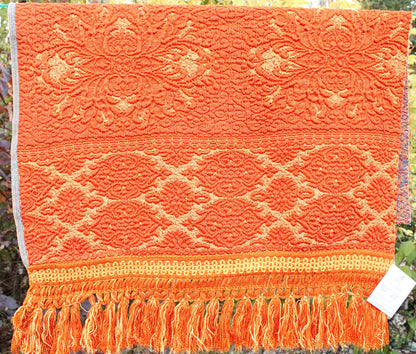 Orange & Gold Vintage Tapestry Fabric, Shimmer Woven Heavyweight Damask Material, 20" x 25" inch piece with Luxurious Fringe