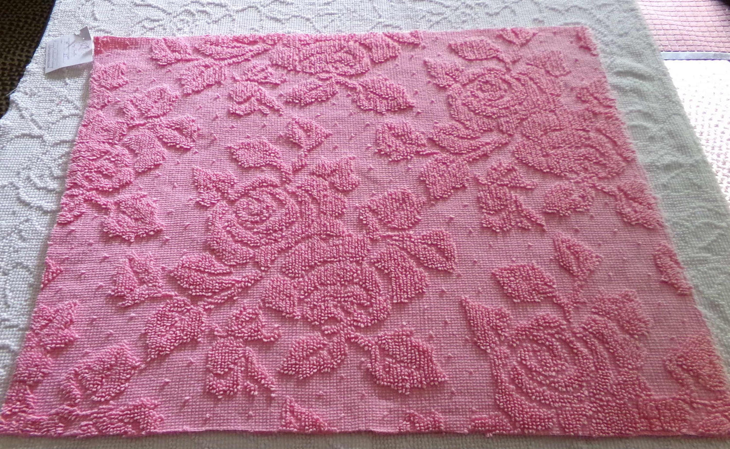 Romantic Pink Rose Dot Vintage Fabric, Reversible Chenille Woven Hobnail Design, 19" x 25" inches,