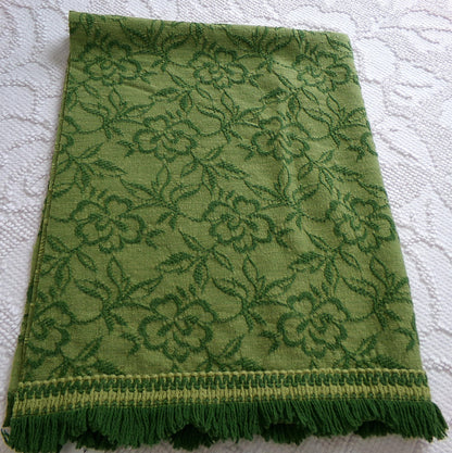 grecian green rose vintage woven fabric, gothic floral design w/ scallop fringe trim edge, 19" x 24" cut piece great for small bags