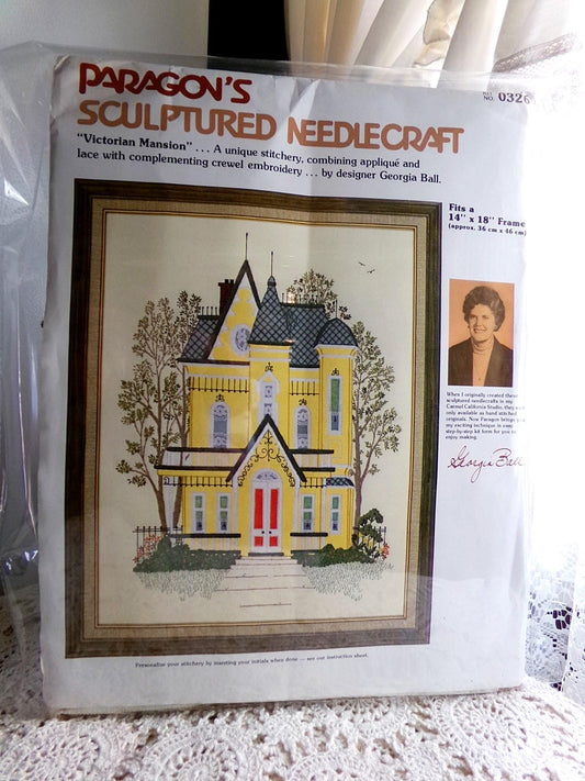 VICTORIAN MANSION Retro Crewel Stitchery Kit, Vintage Paragon Sculptured Needlecraft Embroidery #0326, Design by Georgia Ball