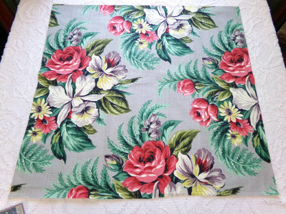 Botanical Vintage Barkcloth Fabric, Tropical Exotic Floral Print on Silvery Grey, 22" x 23" inches, Ideal Fabric Piece for Pillows