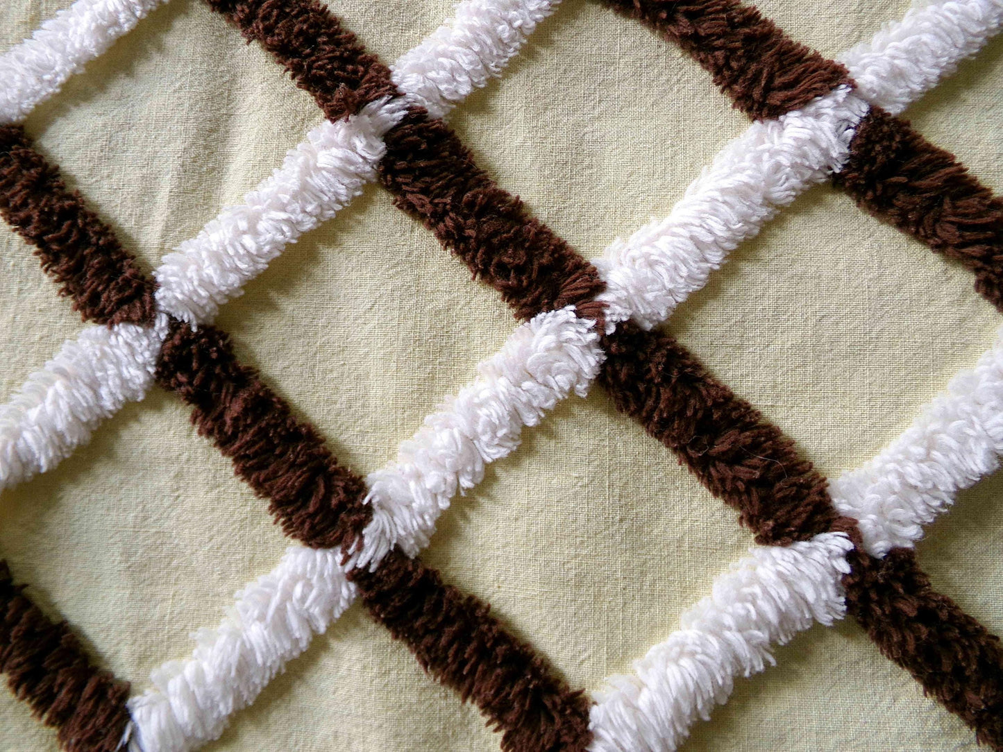 Buttery Yellow Chenille Crosshatch Fabric, Wide Tufted Chocolate Brown & White Lines, 20" x 25" inch Vintage MCM Cotton Material