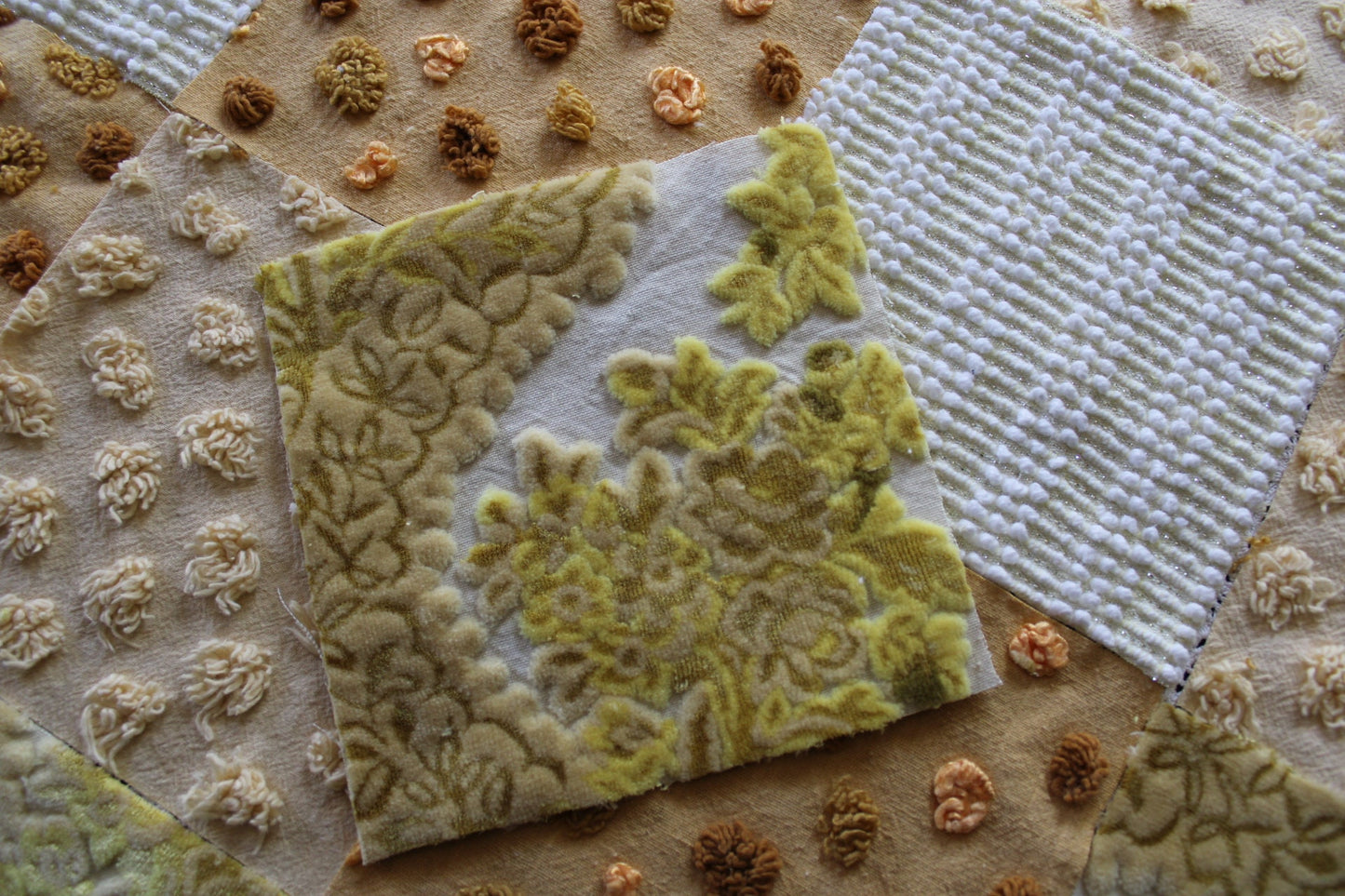 Golden Glow Chenille & Velvet Quilt Squares Set, from Vintage Bedspread Fabric, 16 Blocks, 6" x 6" inches each, Shades of Gold, Yellow