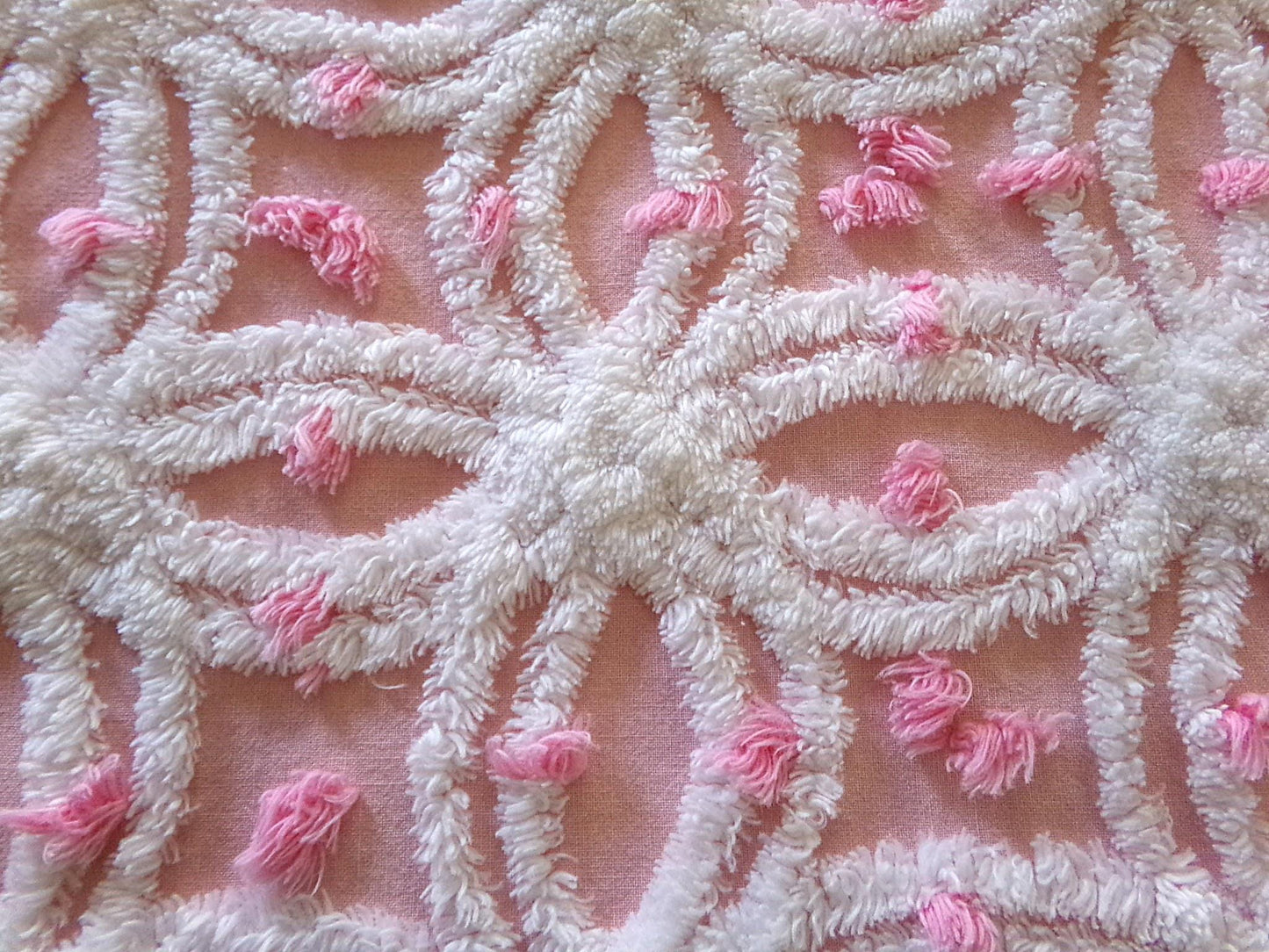 perfectly pink chenille fabric, white tufted wedding rings & sprinkle pops, 18" x 24" inch piece cut from vintage chenille bedspread
